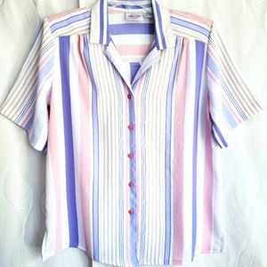 TanJay Petite Retro Shoulder Pad Striped Collared Short Sleeve Button Down